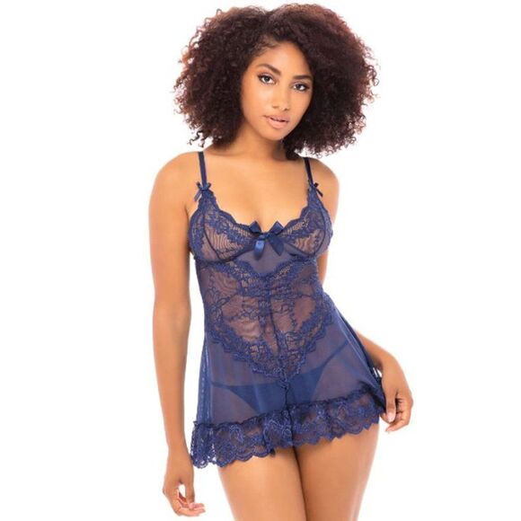 Blue Floral Sheer Lace Babydoll And G-String Set Lingerie‎ - Picture 8 of 9